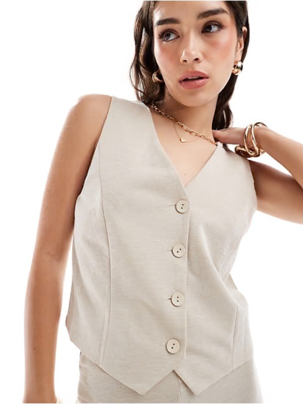 Mango Beige Sleeveless V-Neck Button Vest